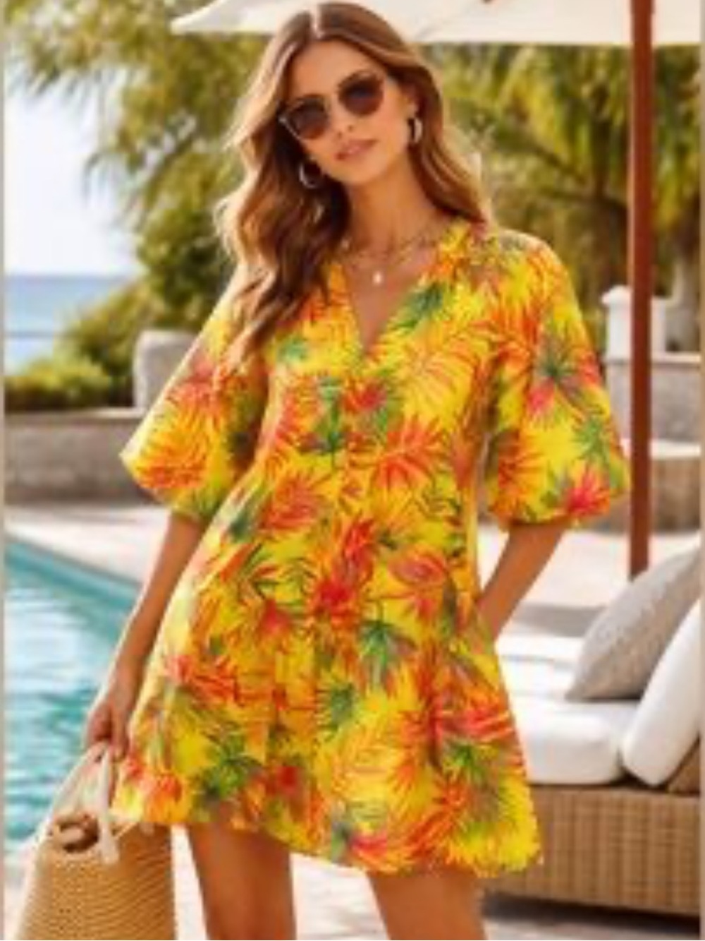 Magaschoni Tropical Island Paradise Resortwear  Linen Bubble Sleeve Mini Dress